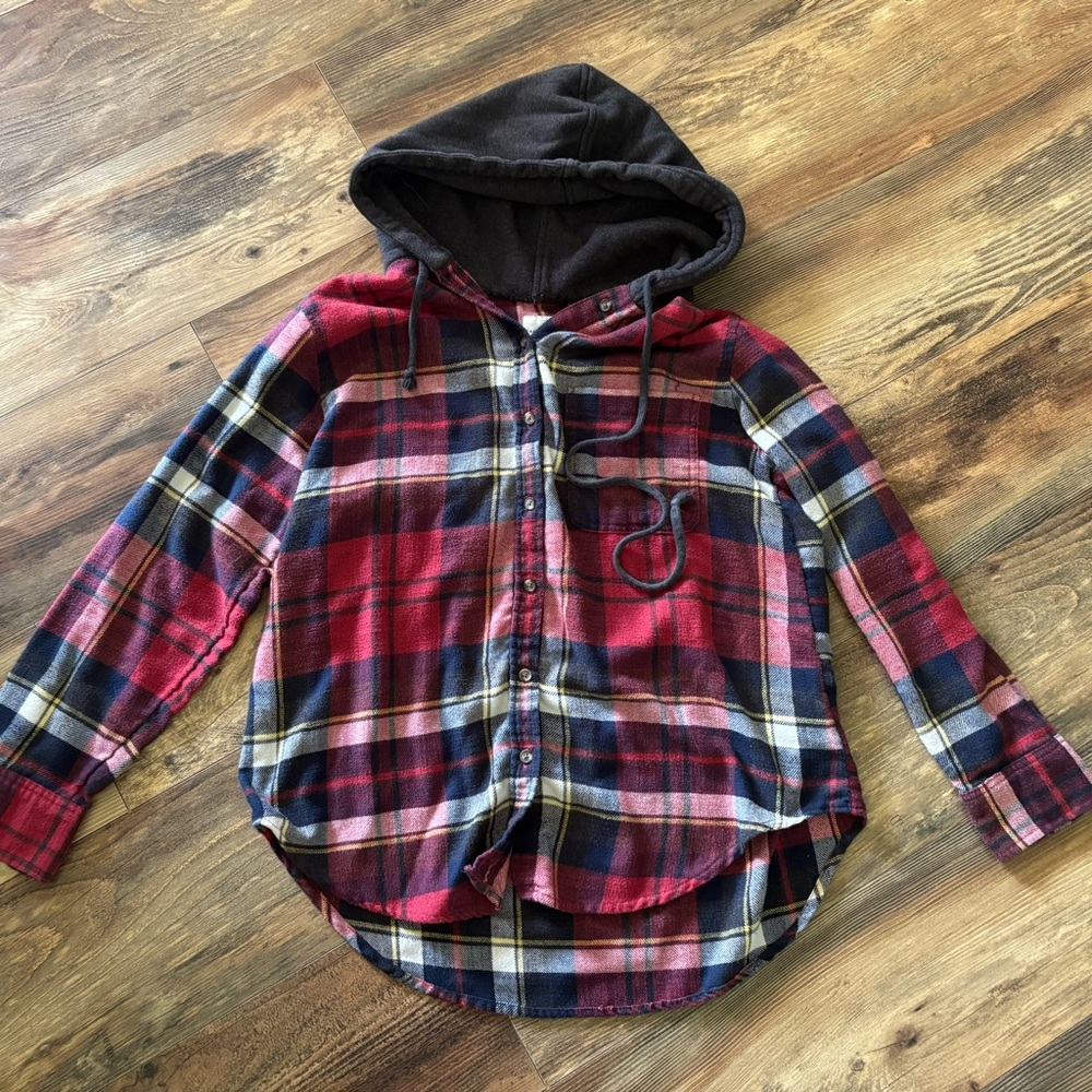 American Eagle Buffalo Plaid Hooded Flannel Shirt Red/Navy Men's Small